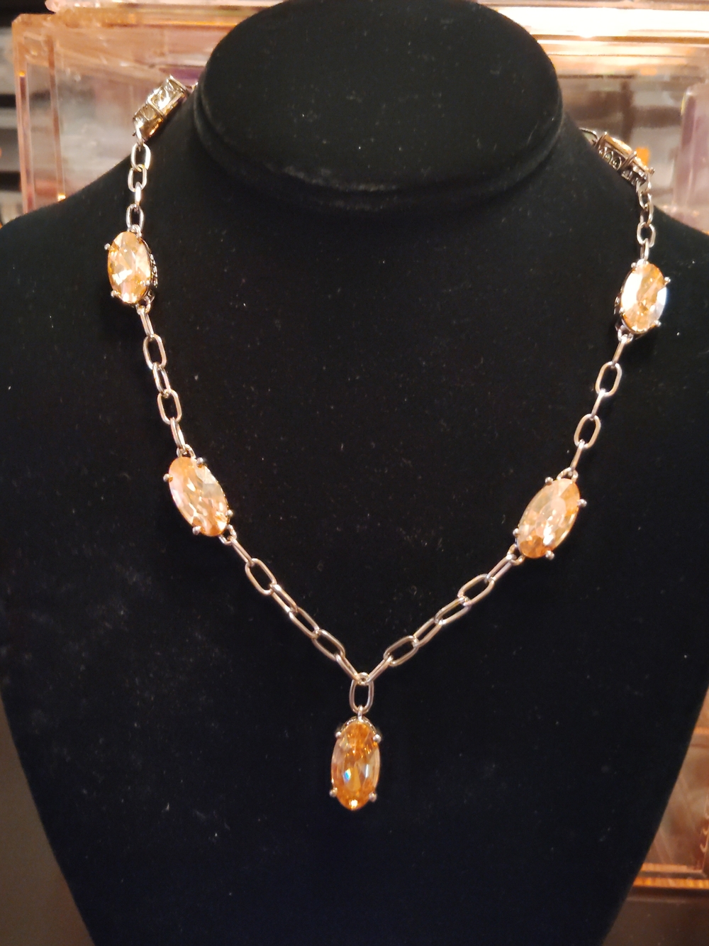 Gold Crystal Link Necklace with Amber Stones